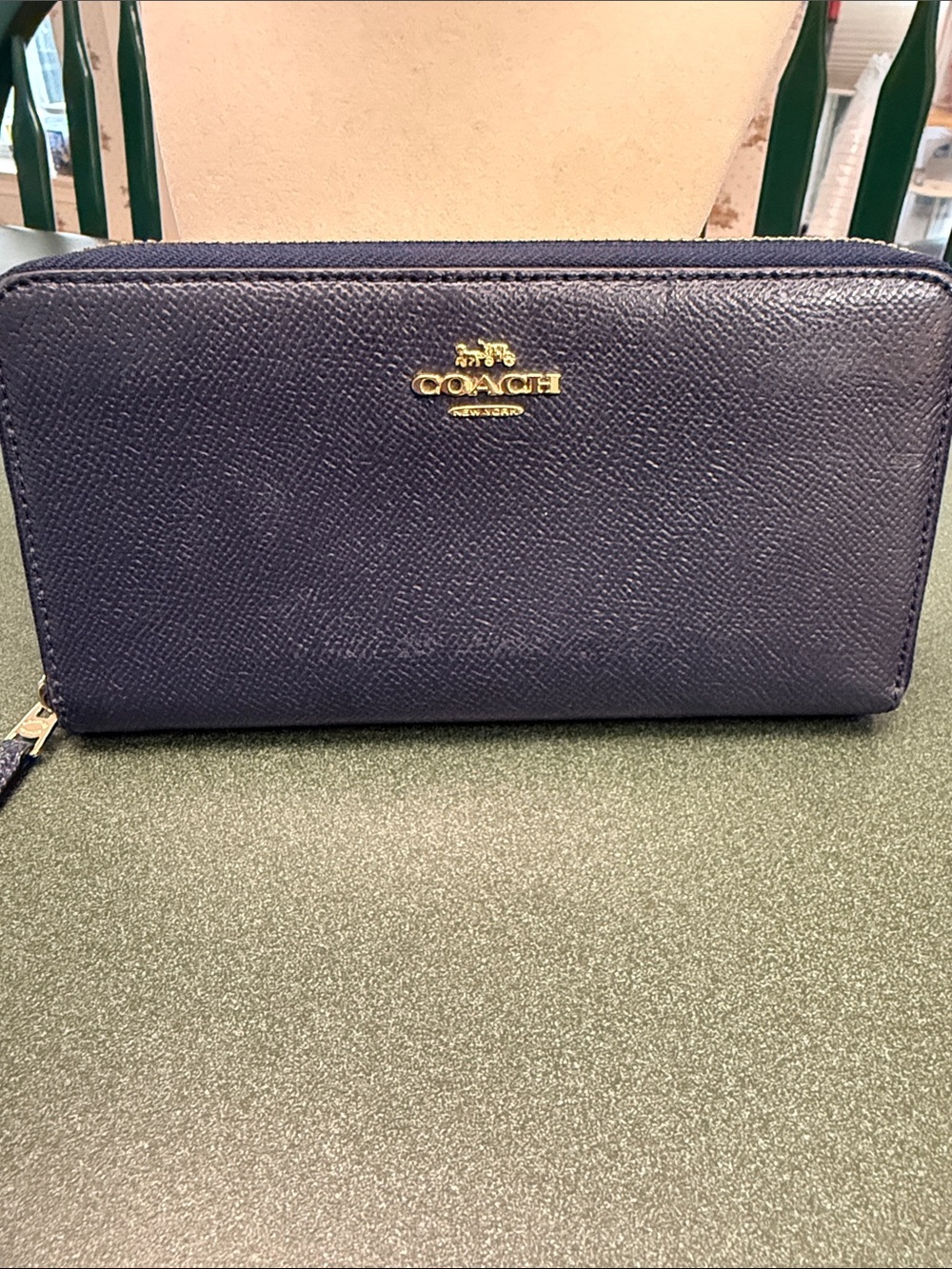 Coach Navy Textured Zip-Around Wallet with Gold Logo
